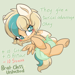 Size: 1200x1200 | Tagged: safe, artist:faelullaby, oc, oc only, oc:sun light, pegasus, pony, blushing, brat, dialogue, diaper, embarrassed, female, filly, foal, green background, lying down, non-baby in diaper, on back, pegasus oc, pouting, simple background, solo, text