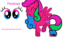 Size: 897x433 | Tagged: safe, oc, oc only, oc:penelope, pegasus, pony, base used, dancing, happy, multicolored eyes, multicolored hair, multicolored tail, pegasus oc, pink coat, polysexual pride flag, pride, pride flag, simple background, solo, tail, text, white background