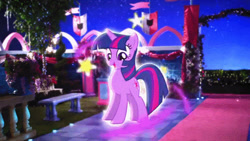 Size: 627x354 | Tagged: safe, twilight sparkle, pony, unicorn, g4, magical mystery cure, 2013, commercial, crystal princess celebration, excited, happy, i love when you comb my hair, let's fly to the castle, magic, my wings are so pretty, needs more jpeg, real life background, stars, transformation, unicorn twilight