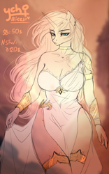 Size: 1000x1600 | Tagged: safe, artist:alicesmitt31, anthro, auction, big breasts, breasts, choker, cleavage, clothes, commission, dress, female, horn, lidded eyes, looking at you, solo, text, ych sketch, your character here