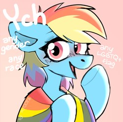 Size: 1658x1648 | Tagged: safe, artist:rtootb, rainbow dash, pegasus, pony, g4, advertisement, commission, cute, digital art, female, flag, headcanon, hooves, lgbt, lgbt headcanon, link in description, looking at you, pastel, pride flag, pride month, sketch, smiling, smiling at you, solo, ych sketch, your character here