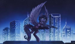 Size: 900x525 | Tagged: safe, artist:hagalazka, pegasus, pony, bad quality, city, cityscape, clothes, gun, looking at you, machine gun, needs more jpeg, solo, spread wings, weapon, wings