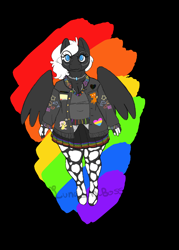Size: 1184x1652 | Tagged: safe, artist:luna_mcboss, oc, oc only, oc:double stuff, anthro, unguligrade anthro, anthro oc, blue eyes, breasts, chubby, clothes, feathered wings, female, gay pride, gay pride flag, glasses, gray coat, jacket, jewelry, mottled coat, multiple variants, necklace, pansexual, pride, pride flag, pride month, rainbow, rainbow background, round glasses, simple background, skirt, solo, sweater vest, thick, vest, white mane, wings