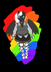 Size: 1184x1652 | Tagged: safe, alternate version, artist:luna_mcboss, oc, oc only, oc:double stuff, anthro, unguligrade anthro, anthro oc, blue eyes, breasts, chubby, clothes, feathered wings, female, gay pride, gay pride flag, glasses, gray coat, jewelry, mottled coat, multiple variants, necklace, pansexual, pride, pride flag, pride month, rainbow, rainbow background, round glasses, simple background, skirt, solo, sweater vest, thick, vest, white mane, wings