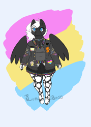 Size: 1184x1652 | Tagged: safe, alternate version, artist:luna_mcboss, oc, oc only, oc:double stuff, anthro, unguligrade anthro, anthro oc, blue eyes, breasts, chubby, clothes, feathered wings, female, gay pride, gay pride flag, glasses, gray coat, jacket, jewelry, mottled coat, multiple variants, necklace, pansexual, pansexual pride flag, pride, pride flag, pride month, round glasses, simple background, skirt, solo, sweater vest, thick, vest, white mane, wings