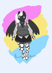 Size: 1184x1652 | Tagged: safe, alternate version, artist:luna_mcboss, oc, oc only, oc:double stuff, anthro, unguligrade anthro, anthro oc, blue eyes, breasts, chubby, clothes, feathered wings, female, gay pride, gay pride flag, glasses, gray coat, jewelry, mottled coat, multiple variants, necklace, pansexual, pansexual pride flag, pride, pride flag, pride month, round glasses, simple background, skirt, solo, sweater vest, thick, vest, white mane, wings