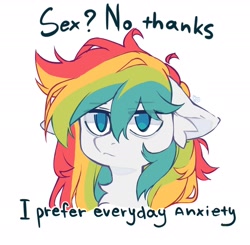Size: 2350x2299 | Tagged: safe, artist:monphys, oc, oc only, pegasus, pony, bust, chest fluff, ear fluff, floppy ears, frown, high res, lidded eyes, messy mane, simple background, solo, text, white background