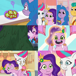 Size: 1920x1920 | Tagged: safe, edit, edited screencap, screencap, hitch trailblazer, izzy moonbow, pipp petals, zipp storm, earth pony, pegasus, pony, unicorn, bridlewood spog, foal food, g5, mare family mare problems, my little pony: tell your tale, spoiler:g5, spoiler:my little pony: tell your tale, spoiler:tyts01e38, spoiler:tyts01e43, spoiler:tyts01e51, before and after, cakeghost, cookie, dilated pupils, female, food, glowing, glowing hair, glowing mane, male, mare, mud, pinpoint eyes, royal sisters (g5), siblings, sisters, stallion, starry eyes, sweat, sweatdrop, swirly eyes, wavy mouth, wingding eyes