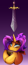Size: 1500x3500 | Tagged: safe, artist:starcasteclipse, oc, oc only, pony, unicorn, book, ear tufts, floppy ears, frown, gradient background, hug, leg fluff, looking up, purple background, scared, shoulder fluff, solo, stressed, sword, sword of damocles, symbolism, teary eyes, weapon