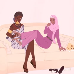 Size: 2048x2048 | Tagged: safe, artist:cryweas, cheerilee, zecora, human, g4, alternate hairstyle, anklet, barefoot, bedroom eyes, belt, bracelet, clothes, commission, couch, cute, dark skin, dress, duo, ear piercing, earring, eyeshadow, feet, female, fetish, flats, foot fetish, grin, high res, hijab, humanized, islam, jewelry, laughing, lesbian, lipstick, makeup, nail polish, necklace, one eye closed, pants, piercing, pillow, ring, sandals, shipping, shoes, skirt, smiling, socks, tattoo, tickle torture, tickling, toenail polish, zecorlee
