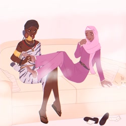 Size: 2048x2048 | Tagged: safe, alternate version, artist:cryweas, derpibooru exclusive, cheerilee, zecora, human, g4, alternate hairstyle, anklet, barefoot, bedroom eyes, belt, bracelet, clothes, commission, couch, cute, dark skin, dress, duo, ear piercing, earring, eyeshadow, feet, female, fetish, flats, foot fetish, grin, high res, hijab, humanized, islam, jewelry, laughing, lesbian, lipstick, makeup, nail polish, necklace, one eye closed, pants, piercing, pillow, ring, sandals, shipping, shoes, skirt, smiling, socks, tattoo, tickle torture, tickling, toenail polish, zecorlee