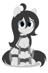 Size: 1500x2250 | Tagged: safe, artist:stablegrass, oc, oc only, oc:milly, earth pony, pony, :<, ahoge, collar, colored, exosuit, eye clipping through hair, flat colors, simple background, sitting, solo, white background
