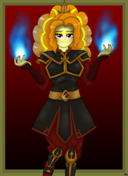 Size: 2975x4092 | Tagged: safe, artist:lennondash, part of a set, adagio dazzle, human, equestria girls, g4, avatar the last airbender, azula, blue fire, clothes swap, crossover, female, fire, firebending, frame, gradient background, lidded eyes, looking at you, red background, smiling, solo