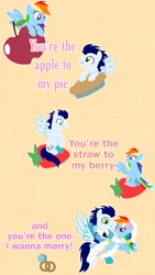 Size: 2598x4618 | Tagged: safe, artist:mlplary6, rainbow dash, soarin', pegasus, pony, g4, apple, bridal carry, bride, carrying, clothes, duo, female, food, groom, husband and wife, jewelry, looking at each other, looking at someone, looking at you, love, male, mare, marriage, married couple, pie, ring, ship:soarindash, shipping, smiling, smiling at each other, smiling at you, stallion, straight, strawberry, text