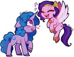 Size: 771x598 | Tagged: safe, artist:esmeia, izzy moonbow, pipp petals, pegasus, pony, unicorn, g5, blushing, duo, eyes closed, female, heart, lesbian, mare, music notes, ship:moonpetals, shipping, simple background, singing, transparent background