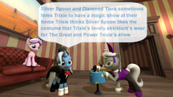 Size: 1920x1080 | Tagged: safe, artist:ask-the-luna-knight, diamond tiara, silver spoon, trixie, earth pony, pony, rabbit, unicorn, g4, 3d, animal, bowtie, couch, magician outfit, source filmmaker, text, trio