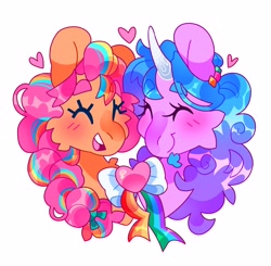 Size: 3214x3150 | Tagged: safe, artist:cocopudu, izzy moonbow, sunny starscout, earth pony, pony, unicorn, g5, bow, bust, duo, eyes closed, female, floating heart, heart, high res, lesbian, mane stripe sunny, mare, open mouth, open smile, ship:moonscout, shipping, simple background, smiling, white background