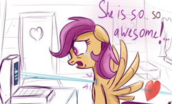 Size: 1150x700 | Tagged: safe, artist:redheadfly, scootaloo, pegasus, pony, tumblr:ask-adultscootaloo, g4, computer, crying, older, solo