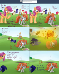 Size: 2002x2530 | Tagged: safe, artist:redheadfly, apple bloom, pound cake, scootaloo, oc, oc:blazing sky, oc:lucky fly, pegasus, pony, tumblr:ask-adultscootaloo, g4, high res, older, rocket