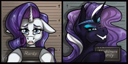 Size: 2048x1024 | Tagged: safe, artist:stirren, nightmare rarity, rarity, pony, unicorn, g4, barbie, barbie (film), barbie mugshot meme, bust, duo, meme, mugshot, name, portrait