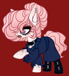 Size: 2646x2904 | Tagged: safe, artist:justsadluna, oc, oc only, earth pony, pony, boots, clothes, collar, ear piercing, earring, earth pony oc, eyelashes, eyeliner, female, high res, jewelry, lipstick, makeup, mare, piercing, raised hoof, red background, shoes, simple background, solo