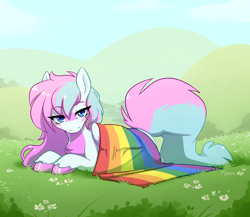 Size: 3000x2603 | Tagged: safe, artist:kaenn, oc, oc only, oc:dyn, pegasus, pony, blue eyes, blushing, chest fluff, detailed background, high res, male, male oc, multicolored hair, pegasus oc, pink mane, pink tail, pride flag, solo, tail