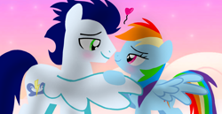 Size: 1980x1020 | Tagged: safe, artist:mlplary6, rainbow dash, soarin', pegasus, pony, g4, blushing, boyfriend and girlfriend, duo, female, floating heart, heart, looking at each other, looking at someone, love, male, mare, romantic, ship:soarindash, shipping, smiling, smiling at each other, stallion, straight