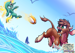 Size: 1600x1131 | Tagged: safe, artist:thescornfulreptilian, arizona (tfh), tianhuo (tfh), cow, dragon, hybrid, longma, whale, art pack:hooves n' holidays sun sea and salt, them's fightin' herds, art pack, bandana, beach ball, cloven hooves, community related, fiery wings, looking at each other, looking at someone, mane of fire, ocean, summer, tail, tail of fire, water, wings