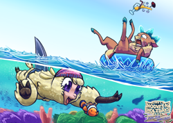 Size: 1600x1131 | Tagged: safe, artist:thescornfulreptilian, paprika (tfh), velvet (tfh), alpaca, deer, fish, reindeer, art pack:hooves n' holidays sun sea and salt, them's fightin' herds, alcohol, art pack, bubble, cloven hooves, clownfish, community related, coral, crepuscular rays, duo, fish tail, margarita, ocean, reef, seaweed, shark fin, summer, sunlight, swimming, tail, underwater, water
