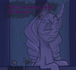 Size: 756x700 | Tagged: safe, anonymous artist, opaline arcana, alicorn, pony, series:misty pov, g5, curved horn, dialogue, female, glass, horn, implied misty brightdawn, mare, random character saves misty in the comments, ringlets, shadowberry, solo, wine glass