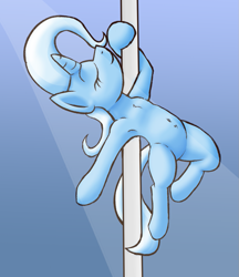 Size: 843x974 | Tagged: dead source, safe, artist:xppp1n, trixie, pony, unicorn, g4, armpits, belly button, eyes closed, female, mare, pole dancing, simple background, smiling, solo, spotlight, stripper pole, stripsie