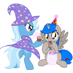 Size: 2000x2000 | Tagged: safe, artist:nitei, trixie, oc, oc:sprite, alicorn, pony, g4, alicorn oc, blue mane, butt, clapping, cupcake, diaper, diaper fetish, female, fetish, food, hat, high res, horn, mare, non-baby in diaper, open mouth, party hat, plot, simple background, standing on two hooves, transparent background, wings