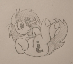Size: 488x432 | Tagged: safe, artist:jargon scott, oc, oc only, oc:anon-mare, earth pony, pony, butt, eye clipping through hair, female, frown, lying down, mare, monochrome, on back, pencil drawing, plot, solo, traditional art, underhoof