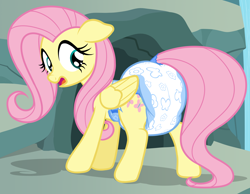 Size: 2000x1550 | Tagged: safe, alternate version, artist:nitei, fluttershy, pegasus, pony, g4, diaper, diaper fetish, female, fetish, floppy ears, looking back, mare, non-baby in diaper, open mouth, poofy diaper, solo