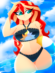 Size: 1500x2000 | Tagged: safe, artist:xan-gelx, sunset shimmer, human, equestria girls, beach ball, belly button, bikini, bikini bottom, bikini top, clothes, cloud, cute, female, legs, legs in the water, legs together, midriff, outdoors, partially submerged, pool toy, shimmerbetes, sky, solo, sun, swimsuit, water, wide hips