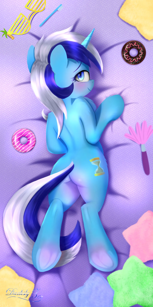 [bedroom eyes,blushing,body pillow,butt,commission,donut,female,food,mare,minuette,pillow,plot,pony,prone,safe,sexy,shutter shades,solo,sunglasses,unicorn,lying down,duster,underhoof,body pillow design,artist:darksly]