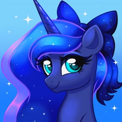 Size: 4000x4000 | Tagged: safe, artist:confetticakez, princess luna, alicorn, pony, g4, absurd resolution, bow, bust, cute, eyebrows, female, gradient background, hair bow, looking at you, lunabetes, mare, smiling, smiling at you, solo, sparkles