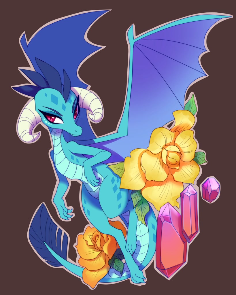 [dragon,female,flower,gem,safe,simple background,solo,wings,dragoness,artist:sambragg,spread wings,princess ember,brown background]