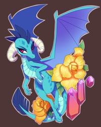 Size: 1024x1280 | Tagged: safe, artist:sambragg, princess ember, dragon, g4, brown background, dragoness, female, flower, gem, simple background, solo, spread wings, wings