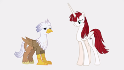 Size: 1280x720 | Tagged: safe, artist:mlp-silver-quill, oc, oc only, oc:fausticorn, oc:silver quill, alicorn, hippogriff, pony, after the fact, after the fact:the cutie re-mark, colored, colored wings, concave belly, duo, female, folded wings, frown, gradient wings, griffon oc, height difference, horn, lauren faust is not amused, long horn, long legs, looking at someone, mare, quadrupedal, red mane, simple background, slender, standing, tall, thin, unamused, white background, wings