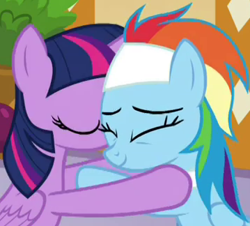 Size: 359x324 | Tagged: safe, screencap, rainbow dash, twilight sparkle, alicorn, pegasus, pony, deep tissue memories, g4, spoiler:deep tissue memories, spoiler:mlp friendship is forever, comforting, cropped, cute, duo, eyes closed, female, hug, mare, massage table, ponyville spa, sitting, smiling, spa pony rainbow dash, twilight sparkle (alicorn), wings