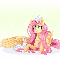 Size: 2049x2049 | Tagged: safe, artist:wolfythewolf555, fluttershy, butterfly, pegasus, pony, rabbit, g4, animal, cute, female, high res, mare, shyabetes