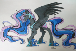 Size: 1852x1244 | Tagged: safe, artist:wolfythewolf555, nightmare moon, alicorn, pony, g4, concave belly, crown, female, hoof shoes, jewelry, mare, one wing out, peytral, princess shoes, raised hoof, regalia, simple background, slender, solo, thin, traditional art, wings