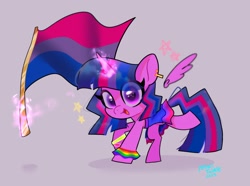 Size: 1510x1122 | Tagged: safe, artist:petaltwinkle, twilight sparkle, alicorn, pony, g4, bilight sparkle, bisexual pride flag, eye clipping through hair, female, floating wings, gray background, levitation, looking at you, magic, mare, open mouth, open smile, pride, pride flag, signature, simple background, smiling, smiling at you, solo, telekinesis, twilight sparkle (alicorn), wings