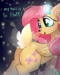 Size: 810x1024 | Tagged: safe, artist:petaltwinkle, fluttershy, deer, deer pony, original species, peryton, reindeer, butt, cute, deerified, dialogue, doe, female, flutterdeer, glowing, glowing antlers, looking back, open mouth, open smile, palindrome get, plot, reindeerified, shyabetes, smiling, snow, snowfall, solo, species swap, tail, tail wag