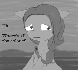 Size: 1700x1536 | Tagged: safe, artist:php176, derpibooru exclusive, jazz hooves, earth pony, pony, g5, black and white, confused, female, floppy ears, gray background, grayscale, looking sideways, mare, monochrome, question mark, sad, sash, sitting, sketch, solo, talking, text, worried