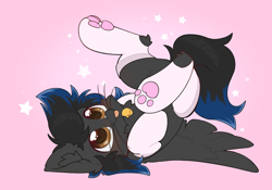 Size: 2048x1436 | Tagged: safe, artist:dorkmark, part of a set, oc, oc only, oc:shadowguy, pegasus, pony, :p, animal costume, bell, cat bell, cat costume, clothes, commission, costume, cute, ear fluff, hockless socks, paw socks, silly, socks, solo, stars, tongue out, whiskers, wings, ych result
