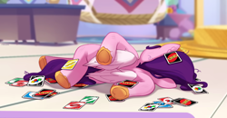 Size: 2112x1096 | Tagged: safe, artist:maren, part of a set, pipp petals, pegasus, pony, g5, card, crystal brighthouse, diadem, family guy, family guy death pose, female, folded wings, headband, hoof heart, jewelry, lying down, male, mare, messy mane, on side, ouch, regalia, this did not end well, underhoof, uno, upside-down hoof heart, wings