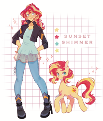 Size: 1748x2048 | Tagged: safe, artist:syeko, sunset shimmer, human, pony, unicorn, equestria girls, g4, boots, clothes, cute, female, human ponidox, jacket, looking at you, mare, self paradox, self ponidox, shimmerbetes, shoes, solo, sparkles, stars