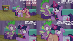 Size: 2000x1125 | Tagged: safe, edit, edited screencap, editor:quoterific, screencap, spike, twilight sparkle, alicorn, dragon, pony, a trivial pursuit, g4, bag, floppy ears, freaking out, magic, saddle bag, scroll, telekinesis, twilight sparkle (alicorn), twilynanas, winged spike, wings